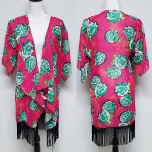 LULAROE Pink Green Mix Print Fringe Kaftan Kimono